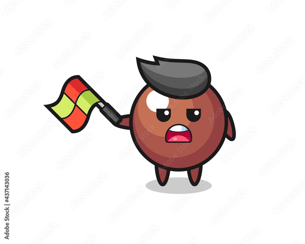 chocolate ball cartoon as the line judge hold the flag up at a 45 degree angle