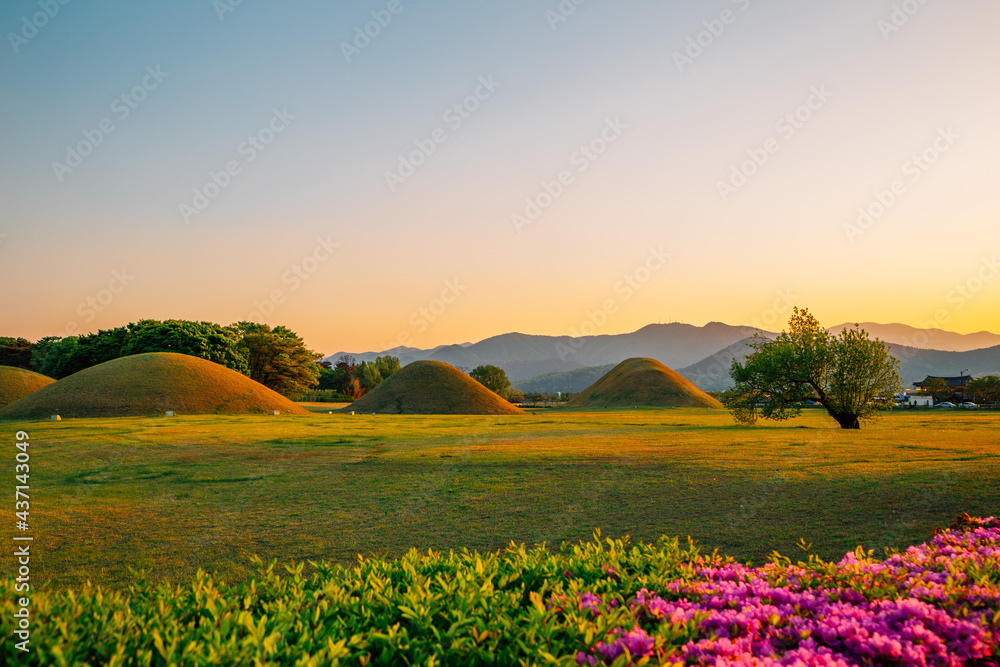 Sunset of Inwang-dong ancient tomb complex in Gyeongju, Korea