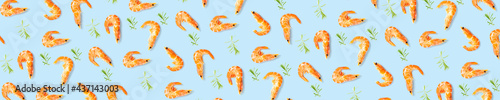 Tiger shrimp. Seafood background made from Prawns isolated on a blue backdrop. modern flat lay background from boiled shrimps, Seafood. not seamless pattern