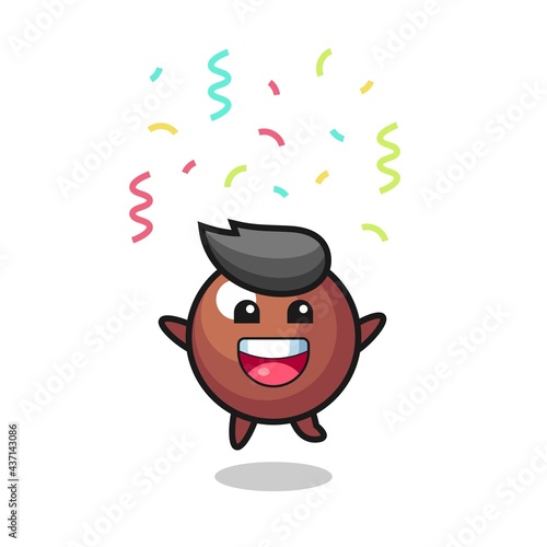 happy chocolate ball mascot jumping for congratulation with colour confetti