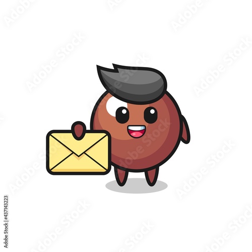 cartoon illustration of chocolate ball holding a yellow letter