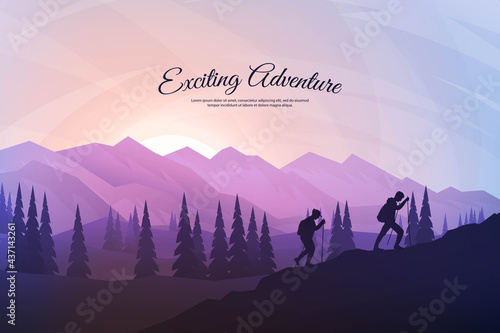 Vector background with tourists. Travel concept of discovering, exploring and observing nature. Hiking. Travelers climb with backpack and travel walking sticks. Website template. Colorful sunset scene © VVadi4ka