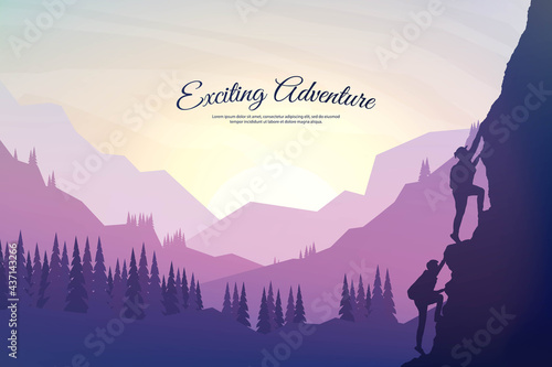 Vector background with tourists. Travel concept of discovering, exploring and observing nature. Hiking. Travelers climb on cliff with backpack. Website template. Flat landscape. Colorful sunset scene
