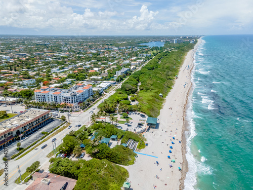 aerial drone of Boca Raton, Florida with city and beach 