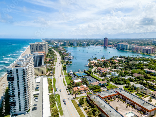 aerial drone of Boca Raton  Florida with city and beach 