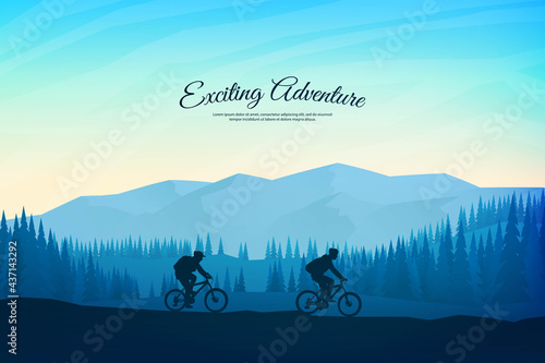 Vector landscape illustration. A man and woman with a backpack rides a mountain bike on the rocks. Mountain trip. Blue foggy background. Travel concept of discovering, exploring and observing nature.