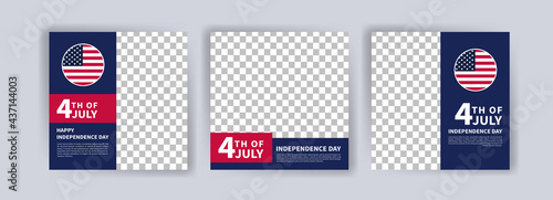 Social media post banner template for US independence day celebration. During July 4th greeting card with flying American national flag on blue background. US state federal patriotic holiday.