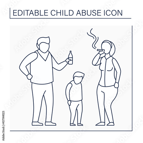 Parental substance use line icon. Alcohol and drug abuse against kid. Unable to care. Bad influence. Child abuse concept. Isolated vector illustration. Editable stroke