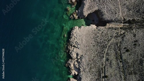 Aerial shot with movement straight and down shot to the coast of luka great contrast of colors in 4k adriatic sea and rocky mountain photo