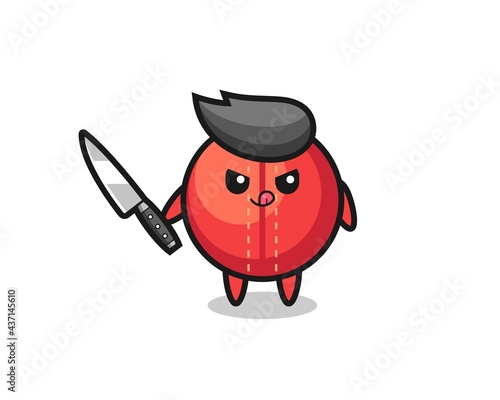 cute cricket ball mascot as a psychopath holding a knife