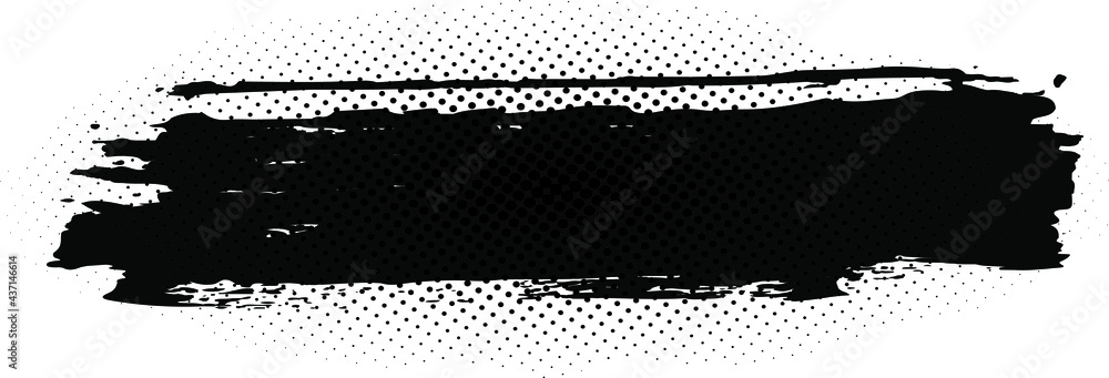 Black grunge paint stripe with halftone dots. Vector brush stroke. Blank textured shape for banners, badges, emblems, labels and pattern. Dry black border. Abstract dirty background