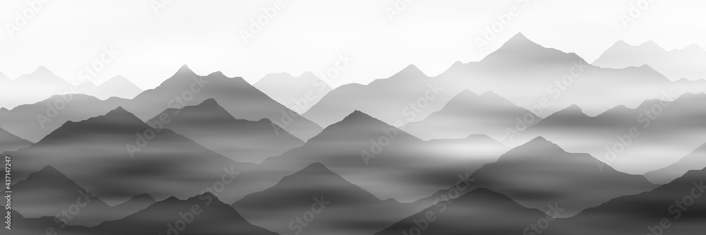 Morning fog in the mountains, black and white landscape Morning fog in the mountains, black and white landscape