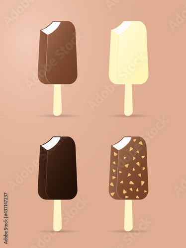 Eskimo Pie set: in milk, black, white chocolate and with nuts. Vector illustration