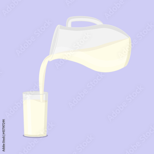 Milk is poured from jug into glass. Flat vector illustration