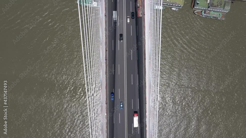 Drone aerial view of bridge and traffic in Shanghai downtown area. Economy traffic transportation and travel concept b-roll footage in Shanghai China. No people view, top bottom view drone footage Drone aerial view of bridge and traffic in Shanghai downtown area. Economy traffic transportation and travel concept b-roll footage in Shanghai China. No people view, top bottom view drone footage