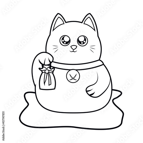 Isolated kawaii asian cat. Neko with one hand up Vector