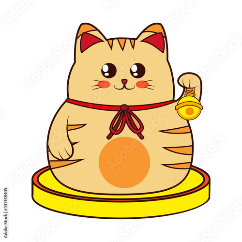 Isolated kawaii asian cat. Neko with one hand up