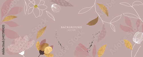 minimal background in pink flowers and tropical summer leaf with golden metallic texture gallery wall art vector 