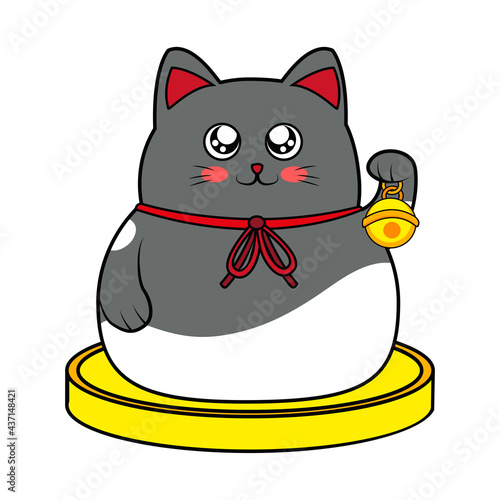 Isolated kawaii asian cat. Neko with one hand up