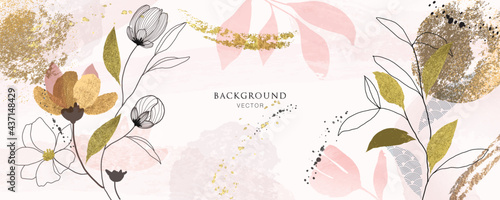 minimal background in pink flowers and tropical summer leaf with golden metallic texture gallery wall art vector 