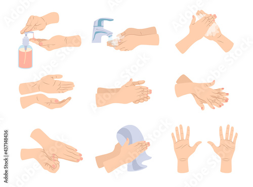 Hand hygiene cartoon illustrations set. Hands washing steps, using liquid soap, sanitizer and dry wipes. Healthy life, medical disinfection, healthcare concept for poster, banner designs