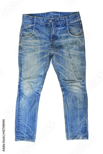 Blue Jeans isolated on white background. Male denim clothing front - clipping path