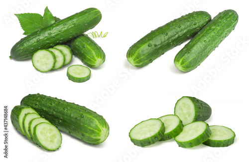 Set of sliced cucumber isolated on white background. Fresh vegetables ingredients.