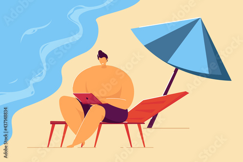 Smiling man working remotely on beach. Male cartoon character with laptop on seashore flat vector illustration. Freelancing, remote work, vacation concept for banner, website design or landing page