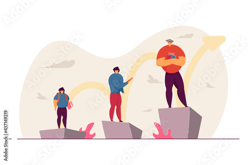 Pupil, student and graduate on pedestals. Boy growing from elementary school to university and graduation flat vector illustration. Education concept for banner, website design or landing web page