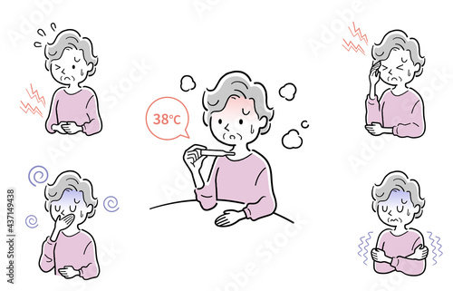 ベクターイラスト素材：体調不良のシニア女性、セット
