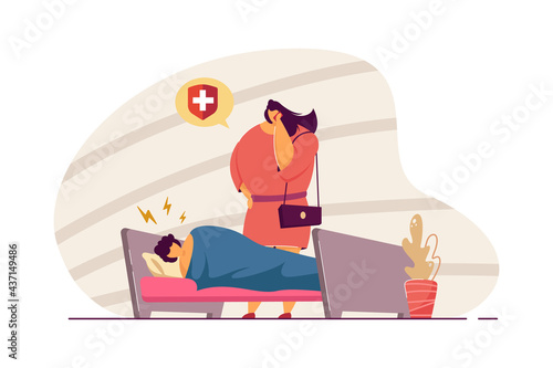 Mother calling ambulance for sick son. Child with headache lying in bed, woman talking on phone flat vector illustration. Family, parenting, health concept for banner, website design or landing page