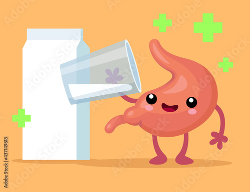 Happy stomach character drinking glass of milk illustration. Carton of milk, positive effect on internal organ, part of digestive system. Health, medicine, healthcare, anatomy, immunity concept