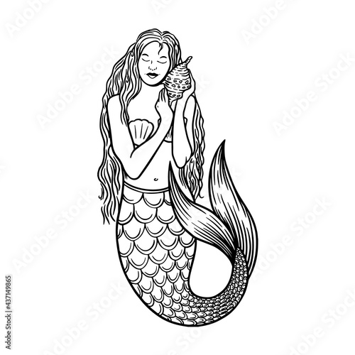 Beautiful young mermaid with the sea shell and pearl. Sea underwater fantasy creature with tail and decorative long hair. Hand drawn vector illustration, design for coloring book, tattoo and poster.