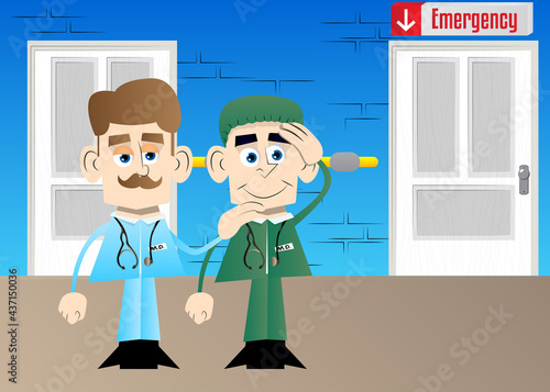 Funny cartoon doctor comforting another. Vector illustration.  Health care worker consoling his partner.