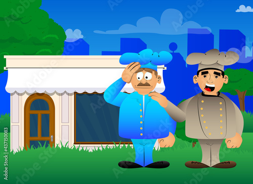 Fat male cartoon chef in uniform comforting another. Vector illustration. Cook consoling his partner.
