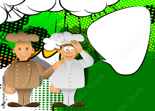 Fat male cartoon chef in uniform comforting another. Vector illustration. Cook consoling his partner.
