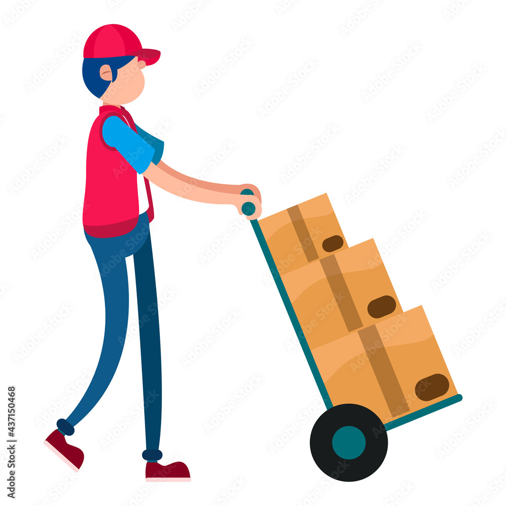 Isolated delivery guy with packages on a cart Isolated delivery guy with packages on a cart