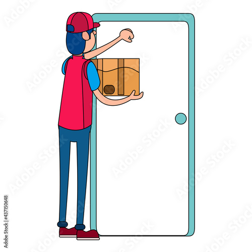 Isolated delivery boy with a package knocking a door