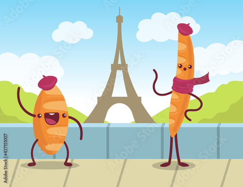 Cute bread cartoon characters illustration. French bread and baquette with funny faces in scarf and beret with Eiffel Tower in background. Travelling, tourism, national cuisine concept for banners