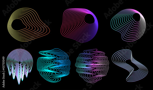Retrofuturistic circle design shapes with glitch and liquid effect. Trendy Vaporwave in 80s-90 style. Holographic illuminated shapes. Memphis, synthwave, retro futuristic for t-shirt, merch. Vector