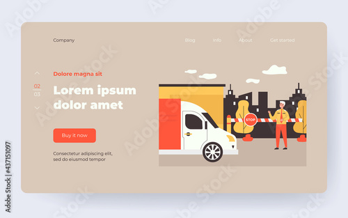 Security guard standing in front of toll booth flat vector illustration. Cartoon man protecting gate and checking van. Inspection station and parking admission concept