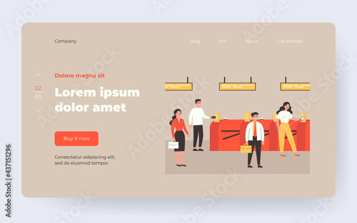 People going through turnstile entrance isolated flat vector illustration. Cartoon passengers standing queue with train tickets near automatic gate in metro. Public transport and subway pass concept