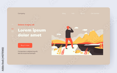 Male explorer standing at cliff, looking at mountains through binoculars. Man enjoying nature and hiking, searching new opportunities. Vector illustration for travel, active lifestyle, goal concept
