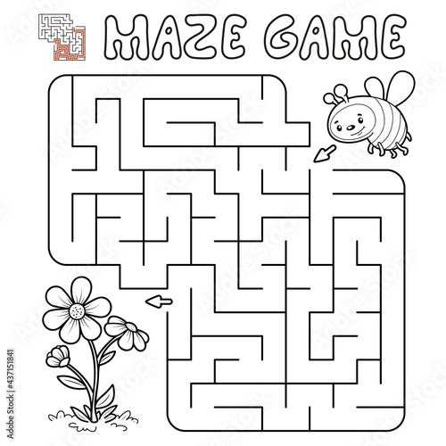 Maze puzzle game for children. Outline maze or labyrinth game with bee. photo