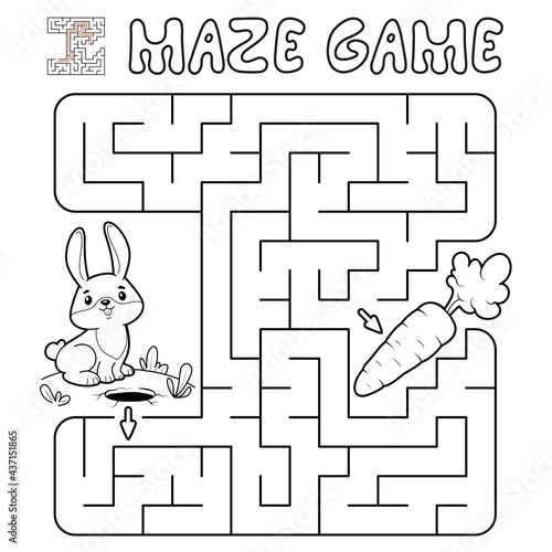 Maze puzzle game for children. Outline maze or labyrinth game with rabbit.