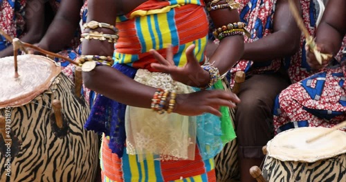 Traditional Ashanti dance cultural Kumasi Ghana. Traditional cultural music instruments, drums, for dancing and entertainment. Culture African celebration demonstration.