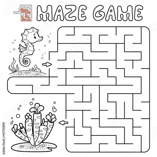 Maze puzzle game for children. Outline maze or labyrinth game with fish.