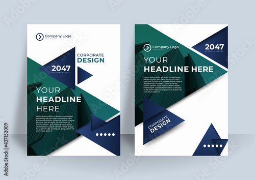 Modern blue green white gold abstract cover design template in A4 size. Business presentation vector A4 vertical orientation front page mock up set. Corporate report cover abstract geometric vector