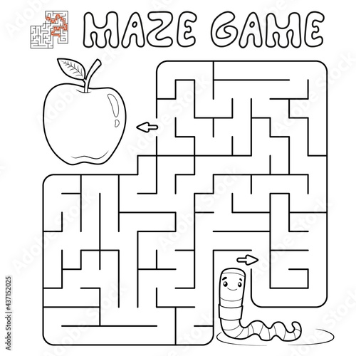Maze puzzle game for children. Outline maze or labyrinth game with worm.
