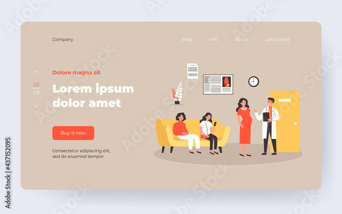 Pregnant women waiting in queue to doctor office flat vector illustration. Cartoon ladies in hospital or clinic for consultation with specialist. Motherhood and pregnancy concept